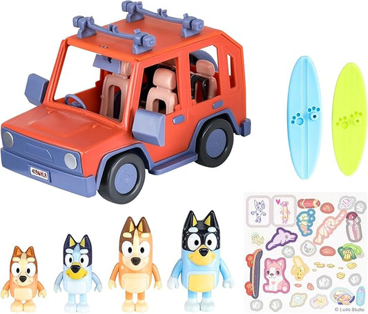 Bluey Heeler Family 4WD Car Toy with 4 Figures | Includes 2 Surfboard and Sticker Sheet, Perfect for Kids Ages 3+, Amazon Exclusive