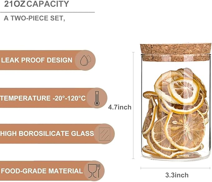Airtight Glass Storage Containers with cork Lid, for Kitchen Pantry Organization and Storage jar，Ideal for Coffee Beans Snacks Flour Cereal Sugar Tea 21oz. (Circular 4.7 * 3.3in*2pcs)