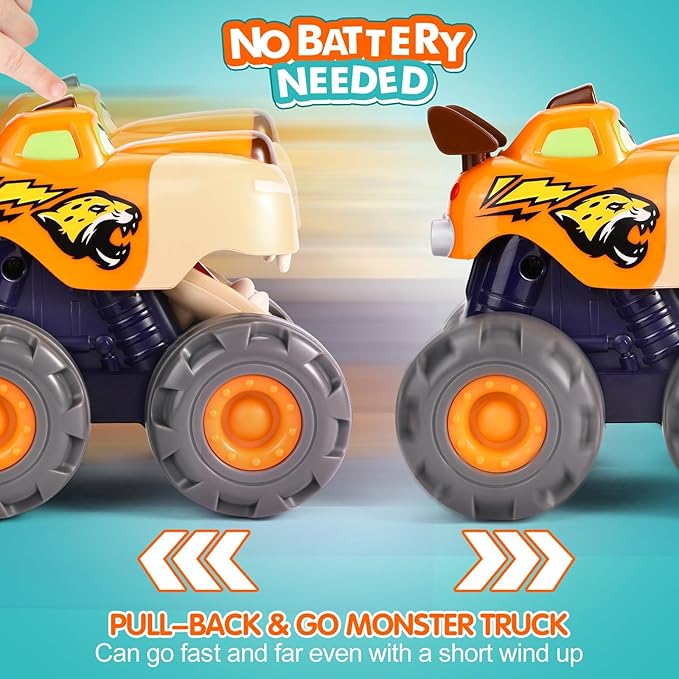 Toy Cars for 1 2 3 Year Old 3 Pack Monster Truck Toys Crocodile Bull Leopard Pull Back Car Big Wheel Animal Toy Trucks for Toddler 1-3 Baby Toys 12 18 Months Boy Girl Toddler Toy for 1 Year Old Gift