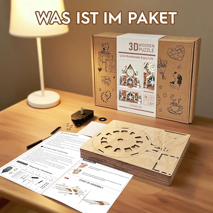 3D Puzzles for Adults Clock-Christmas House Design Model Kit-Mechanical DIY Pendulum Clock with Roman Numerals-Desk Home Office Decor Personalized Gift for DIY Lovers