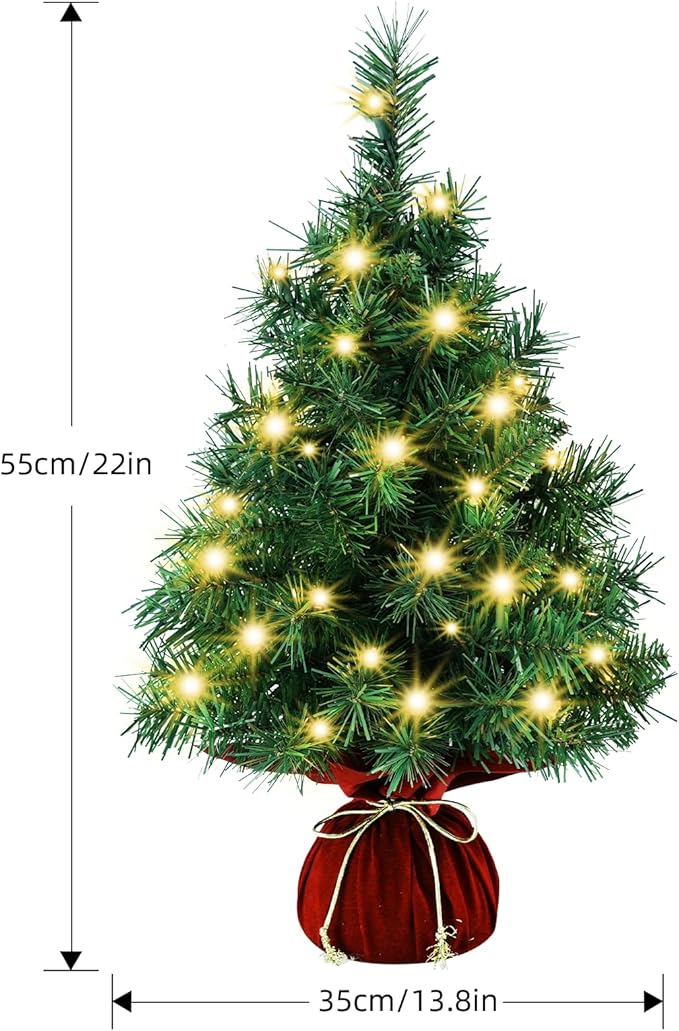 Pre-Lit Mini Christmas Tree with Lights, Red Velvet Cloth Base, Artificial Desktop Xmas Tree Small Space Holiday Decoration