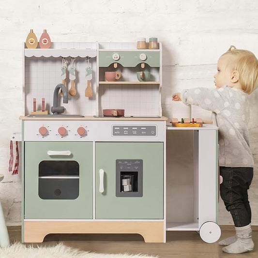 ROBOTIME Wooden Play Kitchen for Kids, Pretend Kitchen Set with Ice Maker, BBQ, Lights & Sounds, Toy Kitchen for Toddlers Ages 3+, Kitchen for Boys and Girls