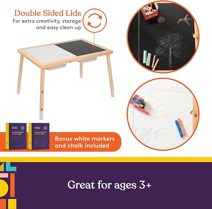 Special Supplies Kid’s Sensory Table Set with Deep Water and Sand Bins, Writable Lids, Chalk and Dry Erase Markers for Active, Hands-On Learning, Fun Play, Arts and Crafts - Pine Wood (2 Bins)
