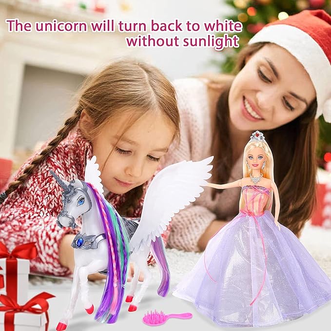 MEGAFUN Color Change Unicorn Toys & Princess Doll, Unicorn Doll with Rainbow Braided Hair, Removable Saddle&Wings, Princess Toy Unicorn Gifts for Girls