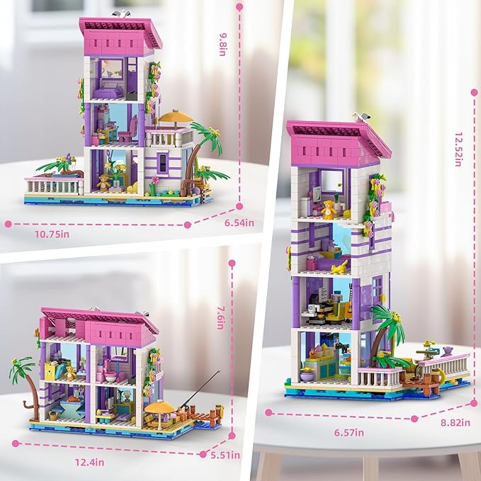 3 in 1 Pink Girls Beach House Building Set with Light, Seaside Villa Friends Building Toys, Compatible with Lego Friends Construction Educational Toy for Adults Kids Age 8-12 and Up (961 PCS)