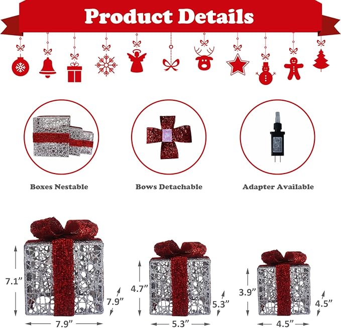 Lighted Gift Box Set of 3, Silver Boxes with Red Bow, Prelit 60 White Lights Present Boxes Lighted Display with Plug Home Porch Outdoor Yard Christmas Decorations-Red