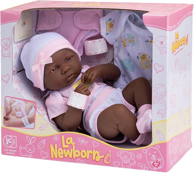 8 piece Layette Baby Doll Gift Set | JC Toys - La Newborn Nursery | 14" Life-Like African American Newborn Doll w/ Accessories | Pink | Ages 2+