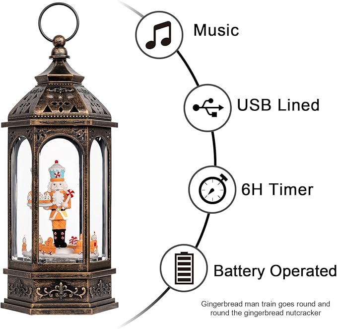 12.8'' Christmas Snow Globe Lantern, Gingerbread Man Train Will Rotate Around The Gingerbread Nutcracker with Musics Swirling Glitter Water Lantern Decoration for Home, Battery Operated or USB Powered