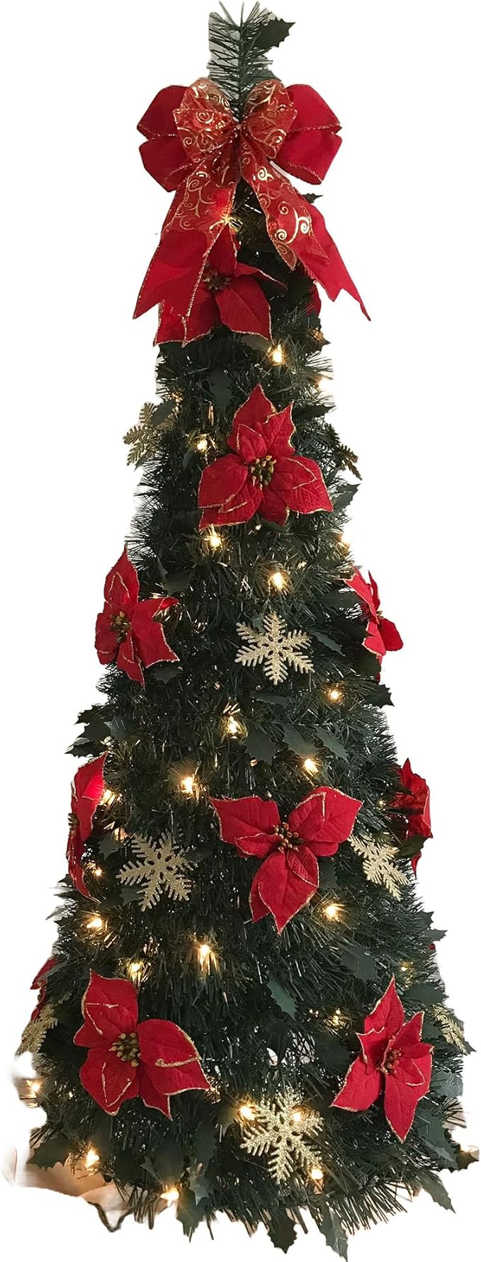 BrylaneHome 4.5 Ft Fully Decorated Pre-Lit Pop-Up Christmas Tree with 100 Warm Lights & Included Stand, Collapsible, Easy Assembly - Poinsettia