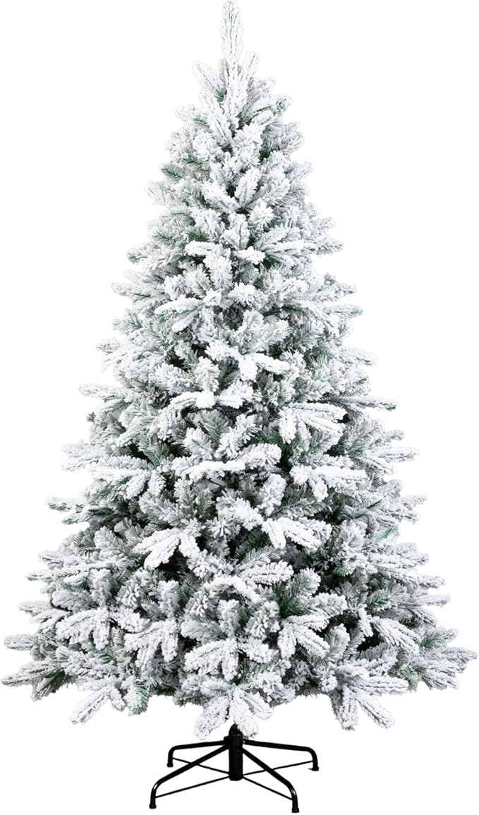 Beyond 7FT Snow Flocked Artificial Full Christmas Tree, Hinged Spruce Christmas Tree with 1300 Branch Tips, Xmas Tree with Metal Stand for Home, Party Decoration, White