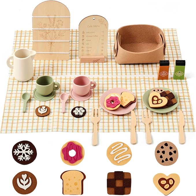 Youuys Wooden Tea Party Set for Toddlers Little Girls with Silicone Teapot Set & Felt Toys & Flower Arranging Toy and Portable Storage Basket, Pretend Play Toys for 3 4 5 6 Year Old Girl
