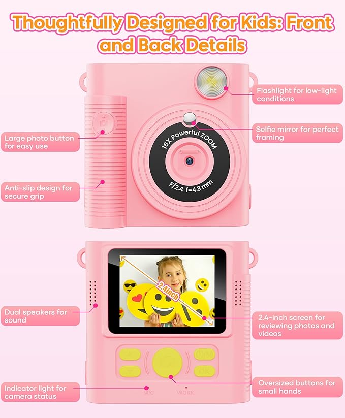 WONNIE Kids Camera Instant Print,1080P Selfie Digital Camera with 2.4" Screen & 32GB Card,Toddler Portable Toy for Ages 3-12,Christma-s Birthday Gifts for 3 4 5 6 7 8 9 Year Old Girls Pink