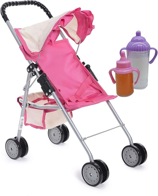 fash n kolor My First Doll Stroller with Basket - Pink Off-White Foldable Doll Stroller - Fits Upto 18" Dolls, 2 Free Magic Bottles Included