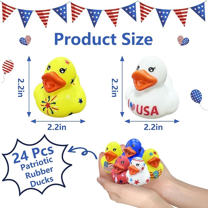 24Pcs Patriotic Rubber Ducks,4th of July Rubber Ducks for Jeeps,USA Memorial Day Independence Day Party Favors,Mini Duck for Baby Showers Bath Toys Gifts