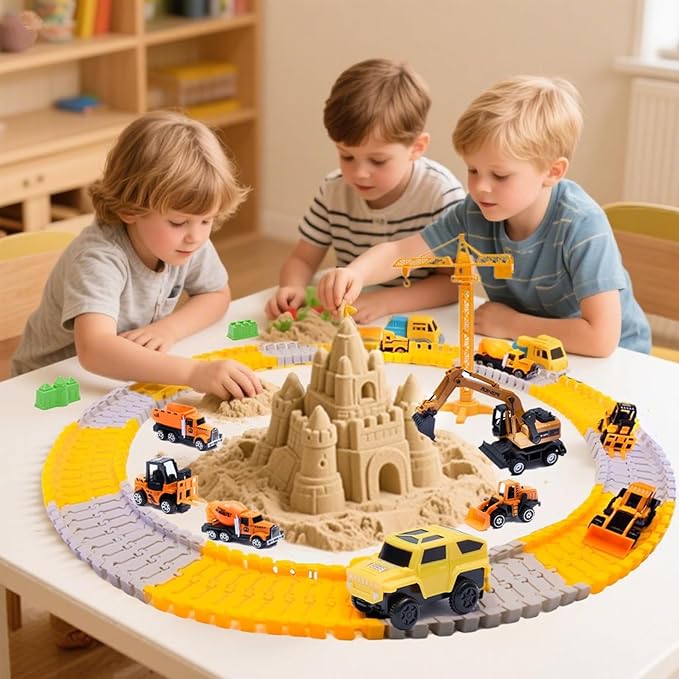 Sand Construction Kit, 2.8lbs Play Sand with Sandbox, 1 Toy Mat 8 Alloy Construction Trucks Race Tracks 10 Sand Molds Sensory Bin Toys for Toddlers Boys Girls Ages 3-8