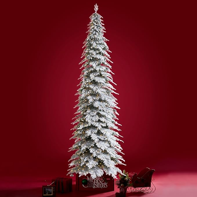 Glitzhome 15ft Pre-Lit Flocked Pencil Artificial Christmas Tree, Large Holiday Xmas Tree Chicago Frostwood Spruce with 1400 Warm White Lights and Sturdy Metal Stand for Home, Office, Party Decoration