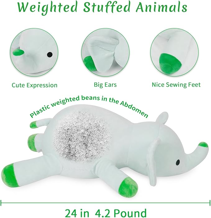 4.2lbs 24in Elephant Weighted Stuffed Animals, Weighted Plush, Gifts for Kids, Adults, Girls and Boys(Green)