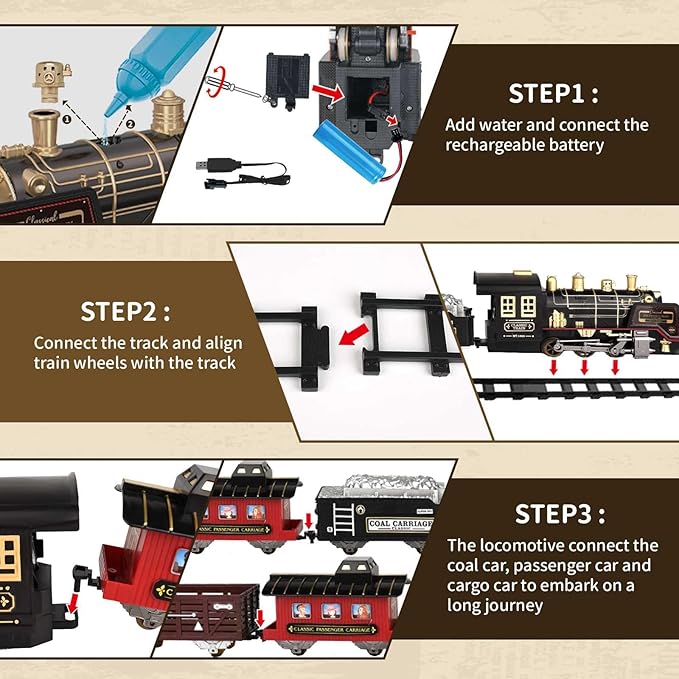 JUQU Train Set - Electric Train Set w/Remote Control, Smoke, Light, Whistle, Toy Train Set for Under Christmas Tree w/Track, Toddler Model Trains for 3 4 5 6 7 8+ Years Old Boys Christmas Toys Gift