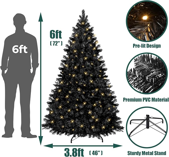 Annecy 6ft Pre-Lit Christmas Tree, Black Artificial Full Spruce Christmas Tree for Home, Office, Party Decoration w/ 970 Branch Tips, 250 Warm White & Multi-Color Lights, Metal Hinges & Base,Black 6ft