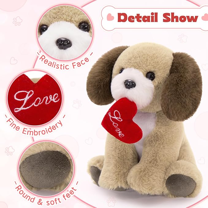 Muiteiur 4 Piece Dog Stuffed Animals, 8 Inch Dog Plush Bulk with Heart, Soft Puppy Plush Toys for Girlfriend Kids, Gift for Girls Kids