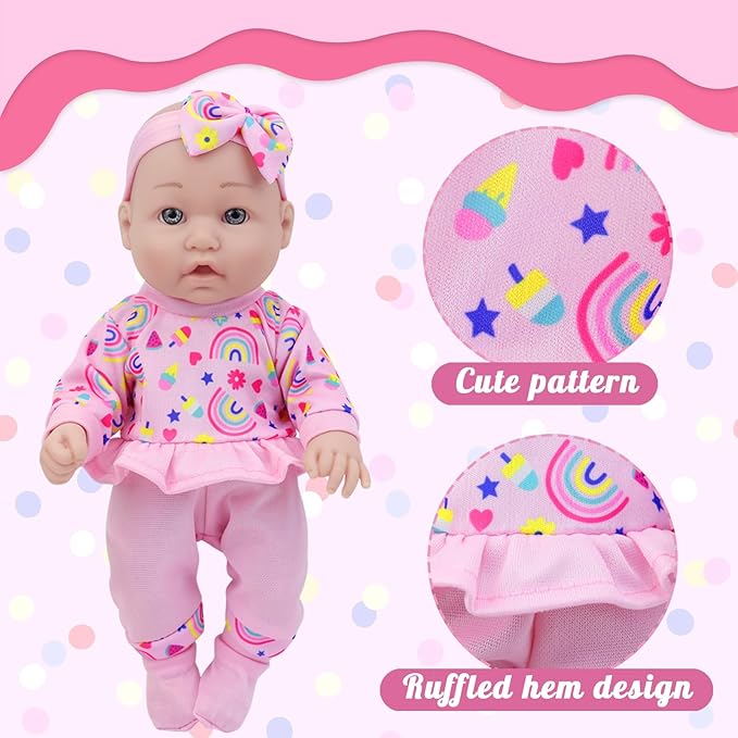 Ecore Fun 12 Inch Baby Doll with Clothes and Accessories,16 Pcs Reborn Alive Doll Playset Sets Include 12 Inch Doll,2 Sets of Clothes,Headband,Soft Socks,Tableware ,Feeding Bottle, Diapers,Nipple