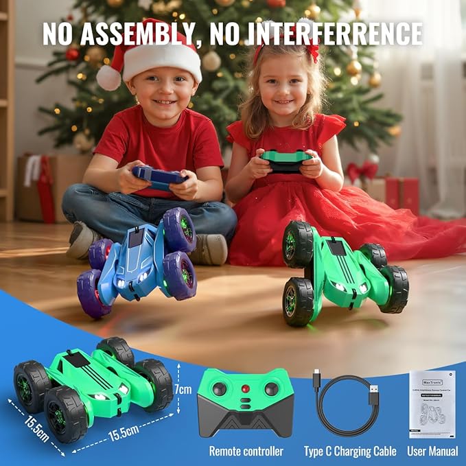 MaxTronic Remote Control Car, Rechargeable RC Cars & Remote Controller - 20km/h Double Sided 360° Rotation Stunt Stunt Crawler with LED Lights for Boys Girls Aged 3-14