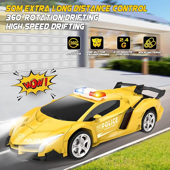 Transform Remote Control Car - Rc Cars, One-Button Transforming, 360° Rotation Drifting, 2.4ghz 1:18 Scale, Gift Kids Aged 4-6 Year Old Boys/Girls, Police Car Yellow