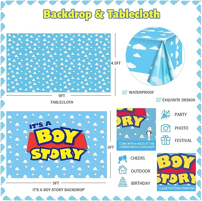 135 PCs Cartoon Toy Baby Shower Decorations, Homond Toy Themed It’s A Boy Story Decorations Backdrop Balloon Garland Arch Banner Box Cutout Tablecloth Cake Cupcake Topper Sash Blue