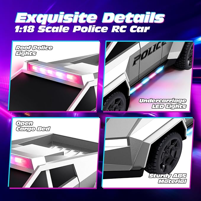 Tecnock RC Truck for Kids, 1:18 Scale Police Remote Control Truck with LED Lights, 2 Rechargeable Batteries, 2.4GHz All-Terrain RC Car, Toys Gift for Boys Girls Aged 3-8, 8-12