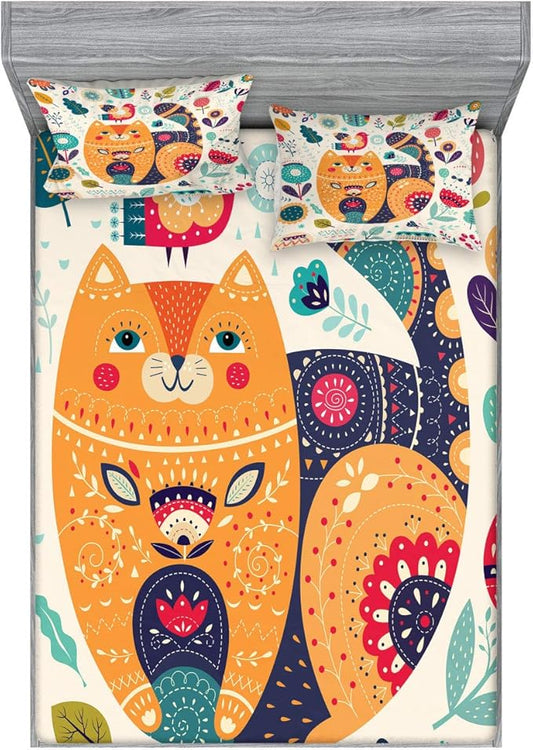 Ambesonne Paisley Fitted Sheet & Pillow Sham Set, Little Smiling Cheek Cat Animal Various Oriental Leaf Flower Artwork, Decorative Printed 3 Piece Bedding Decor Set, Calking, Orange Multicolor