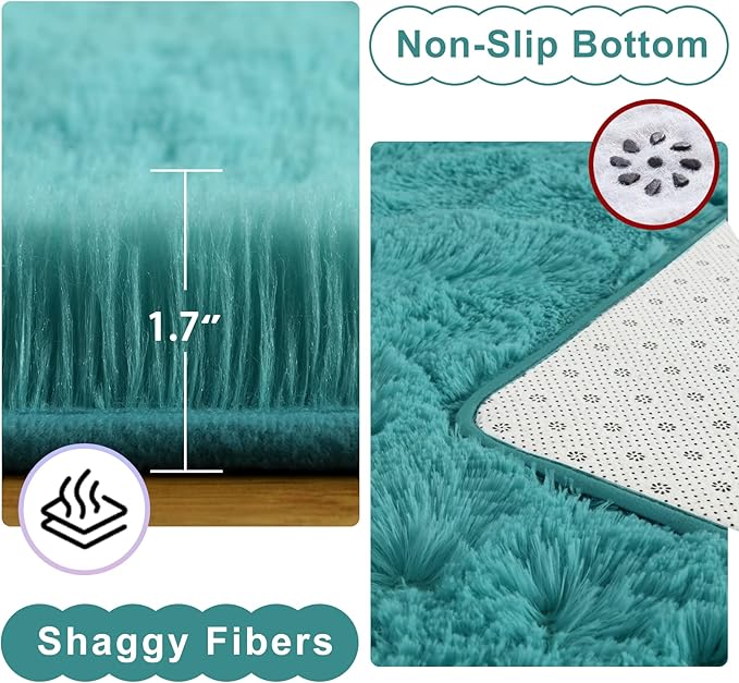 Ompaa Teal Blue 9x12 Area Rugs Large Fluffy Living Room Carpet for Bedroom Dorm, Non-Slip High Pile, Modern Big Shag Rug for Classroom Kids Playroom Nursery Home Office Decor