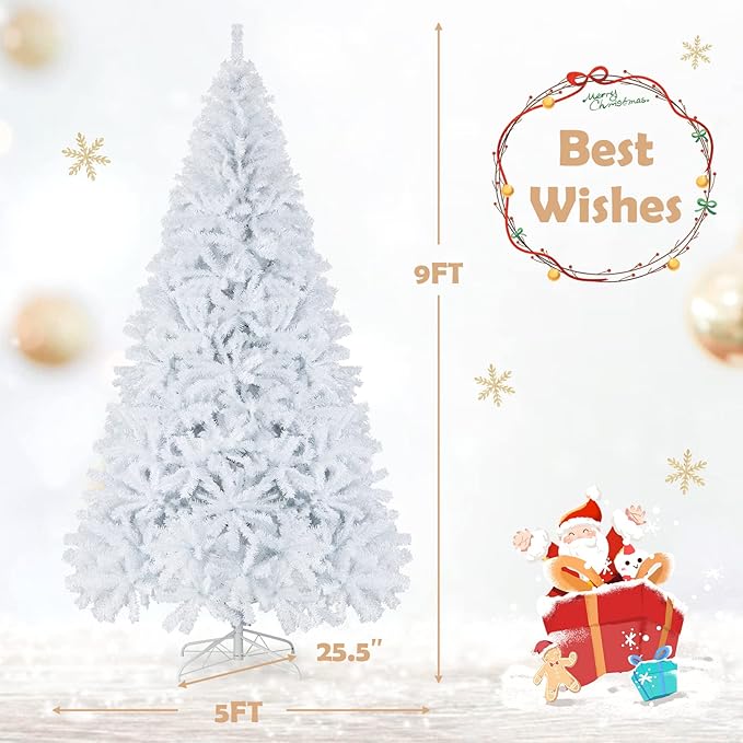 GOFLAME 9FT White Christmas Tree, Artificial Hinged Christmas Tree with 2132 PVC Branch Tips and Folding Metal Stand, Indoor Outdoor Xmas Decoration Tree for Home Office Party, Easy Setup