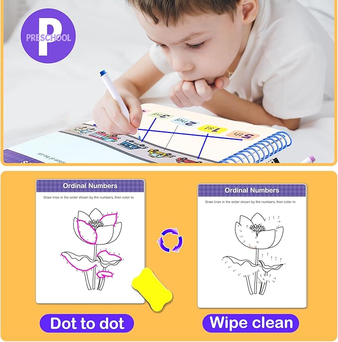 Preschool Learning Activities Math Workbook - Reusable 60 Pages Tracing Books for Kids Ages 3-5, Number, Addition & Subtraction | Fine Motor Skills Learning Toys for Toddlers 2-4 Years Old