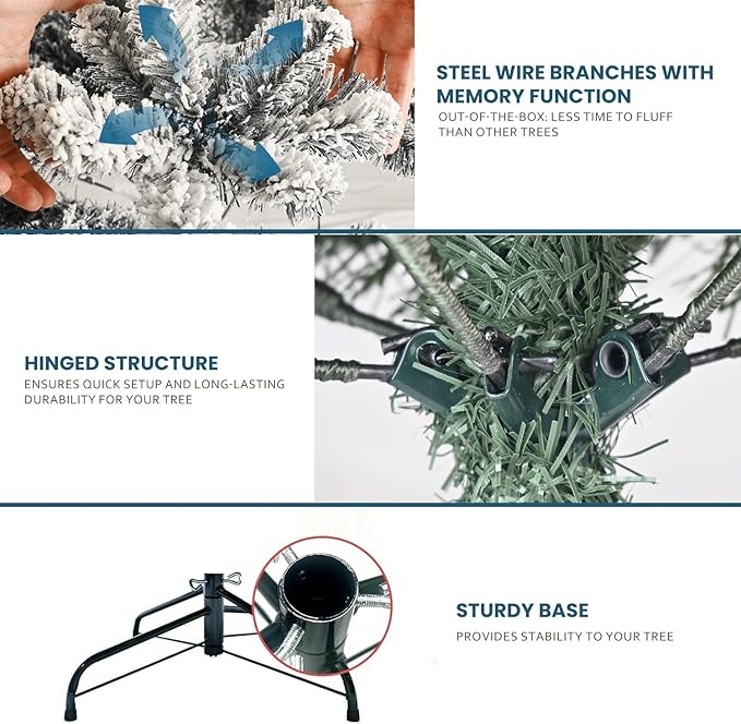 Kadunmina 5ft Pre-lit Artificial Christmas Tree, Hinged Snow Flocked Xmas Trees with 200 Incandescent Warm White Lights,551 Branch Tips and Metal Stand for Home,Office,Holiday Decor,Green & White