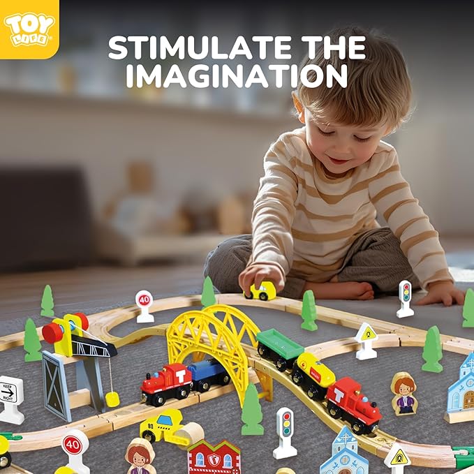 TOY Life Wooden Train Set 60pcs with Magnetic Crane, Wooden Train Tracks Toys for Toddlers Boys Girls 3 4 5, 3 Year Old Boy Gift, Wood Toys Toddler Train for Kids 4-8 - Fits Thomas Brio Chuggington