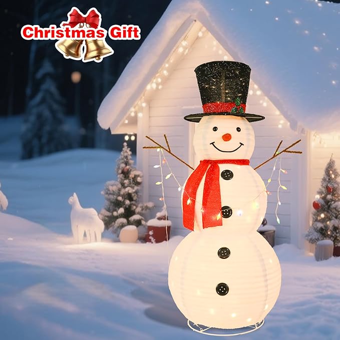 VCUTEKA 5FT Lighted Outdoor Snowman Decoration, Christmas Snowman with Red Scarf and Black Hat Holding Colorful Lights, LED Light-Up Holiday Lawn Yard Garden Décor