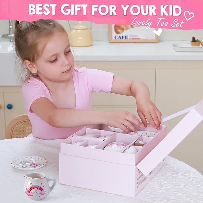 Tacobear Porcelain Tea Set for Girls Toys Unicorn Gift, 13pcs Tea Party Set with Teapot & Cup & Saucer & Suitcase, Kid Kitchen Pretend Playset Birthday Unicorn Toys for Girls 3 4 5 6-8