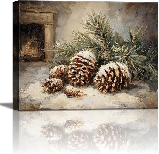 Vintage Pine Cones Christmas Canvas Wall Art, Rustic Winter Still Life Framed Print for Farmhouse Christmas Decorations, Cozy Holiday Gifts and Nature Wall Decor