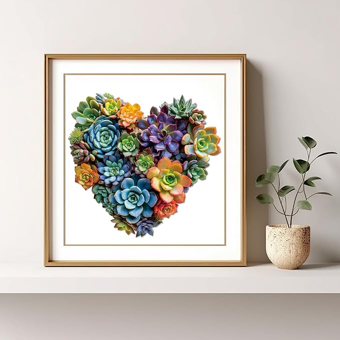 Heart Succulent Wooden Puzzles for Adults, 200 Piece Unique Shaped Wood Jigsaw Puzzles for Adults and Kids, Fun Challenging Puzzles Family Game Gift, Medium 11.7'' x 11.2''