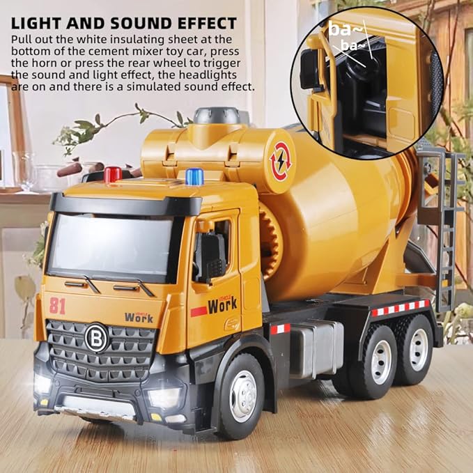 Metal Cement Mixer Truck Model with Simulated Sounds and Lights, Construction Truck Toy for Boys Ages 3 and Up