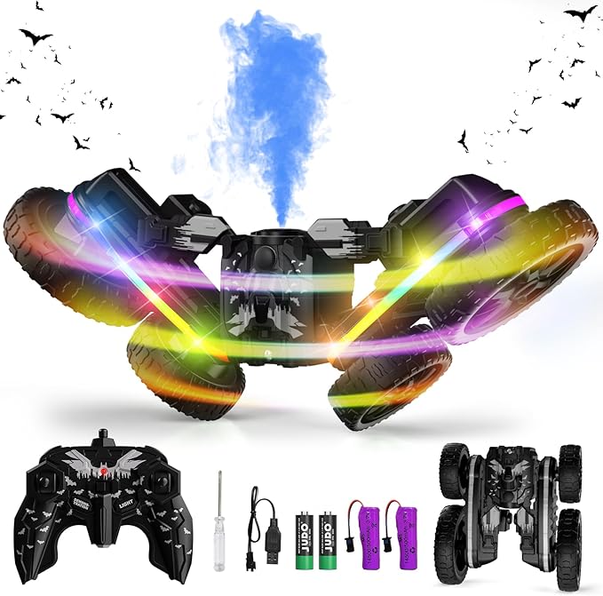360 Rotating 4WD RC Stunt Car with Cool Spray and Lights - Drift Car for Kids Age 4-13 (Black)