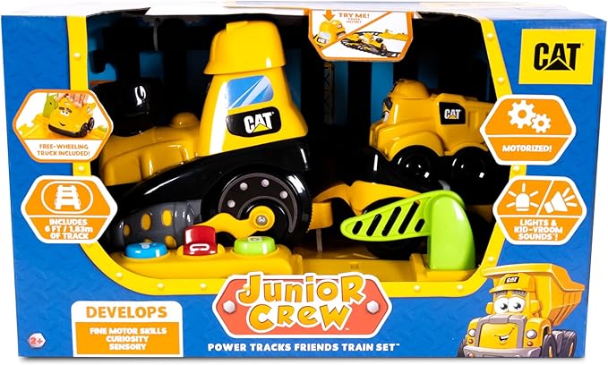 CAT Construction Toys, Power Track Friends Preschool Train Set, 8 Pieces of Easy-to-Assemble Track, Light & Sounds, Motorized Train & Car Carrier, Develops Fine Motor Skills