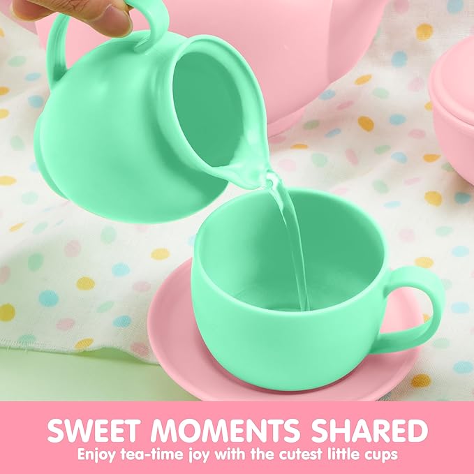 JOYIN 18PCS Pretend Tea Party Set, Plastic Tea Set, Mini Kitchen for Kids, Gifts for Toddler Boys Girls Ages 3 4 5 6 Years Old