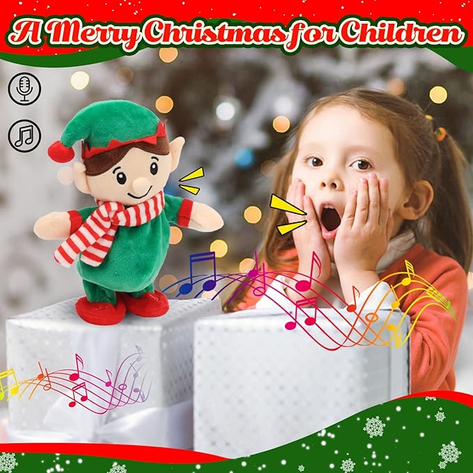 Hopearl Talking Singing Elf Repeats What You Say Walking Electric Interactive Animated Toy Speaking Plush Buddy Gift for Toddlers, Green, 8.5''