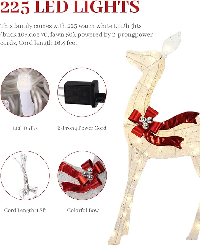 3-Piece 3D Christmas Deer Family Set, Lighted Christmas Decoration with 225 LED Lights, Christmas Decor Reindeer for Indoor Outdoor Yard Porch, White