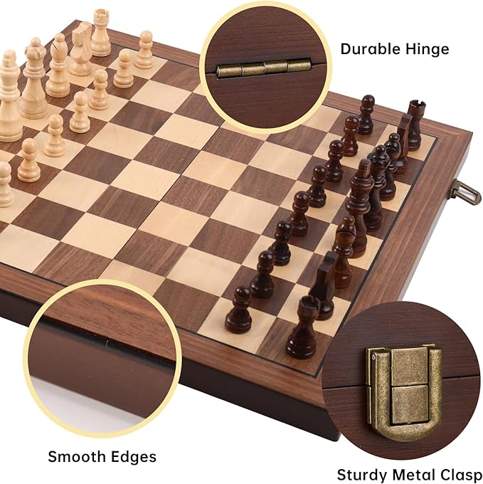 Magnetic Wooden Chess Set 15'' Folding Chess Board, Portable Travel Chess Set Games with Chessboard Bag, Beginner Chess Set for Tournament Professional Beginner