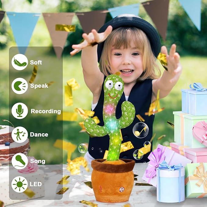 Emoin Talking Dancing Cactus Toy Mimicking Toy, Singing Cactus Mimicking Recording Repeating What You Say with LED English Songs for Toddlers Boys Girls, Interactive Baby Toys