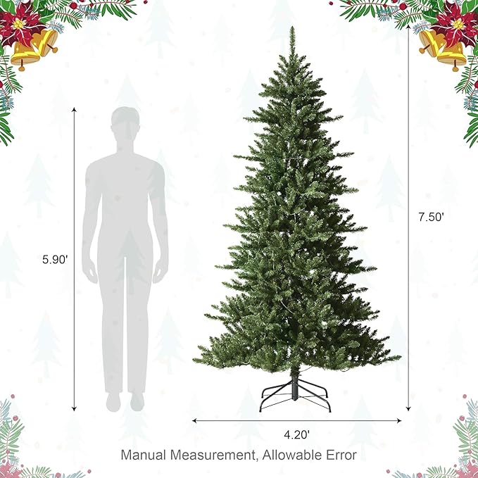 Glitzhome 7.5ft Prelit Christmas Tree, Artificial Christmas Tree Emerald Elegance Slim Green Fir Tree with 400 LED Lights, 1336 Branch Tips, 9 Functional Warm White/Multi-Color, Remote Controller