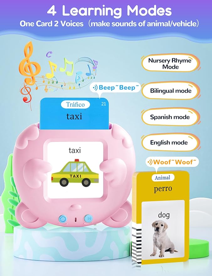 Spanish & English Talking Flash Cards for Toddlers, 510 Sight Words Bilingual Educational Toys for Children, Autism Sensory Speech Therapy Toys, Española Pocket Vocabulary Learning for Girls