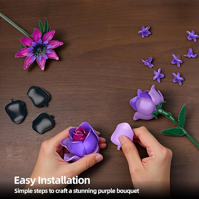 Purple Rose Bouquet Building Set - Compatible with Lego Flowers for Adults Women - Gothic Home Office Table Centerpiece Decor, Halloween Christmas Valentine's Gift